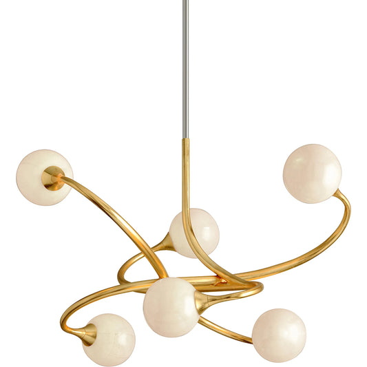 Signature 6-Light Chandelier by Corbett in gold leaf. Made from hand crafted iron in a unique style.