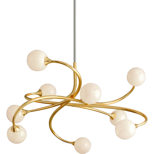 Signature 9-Light Chandelier by Corbett in gold leaf. Made from hand crafted iron in a unique style.
