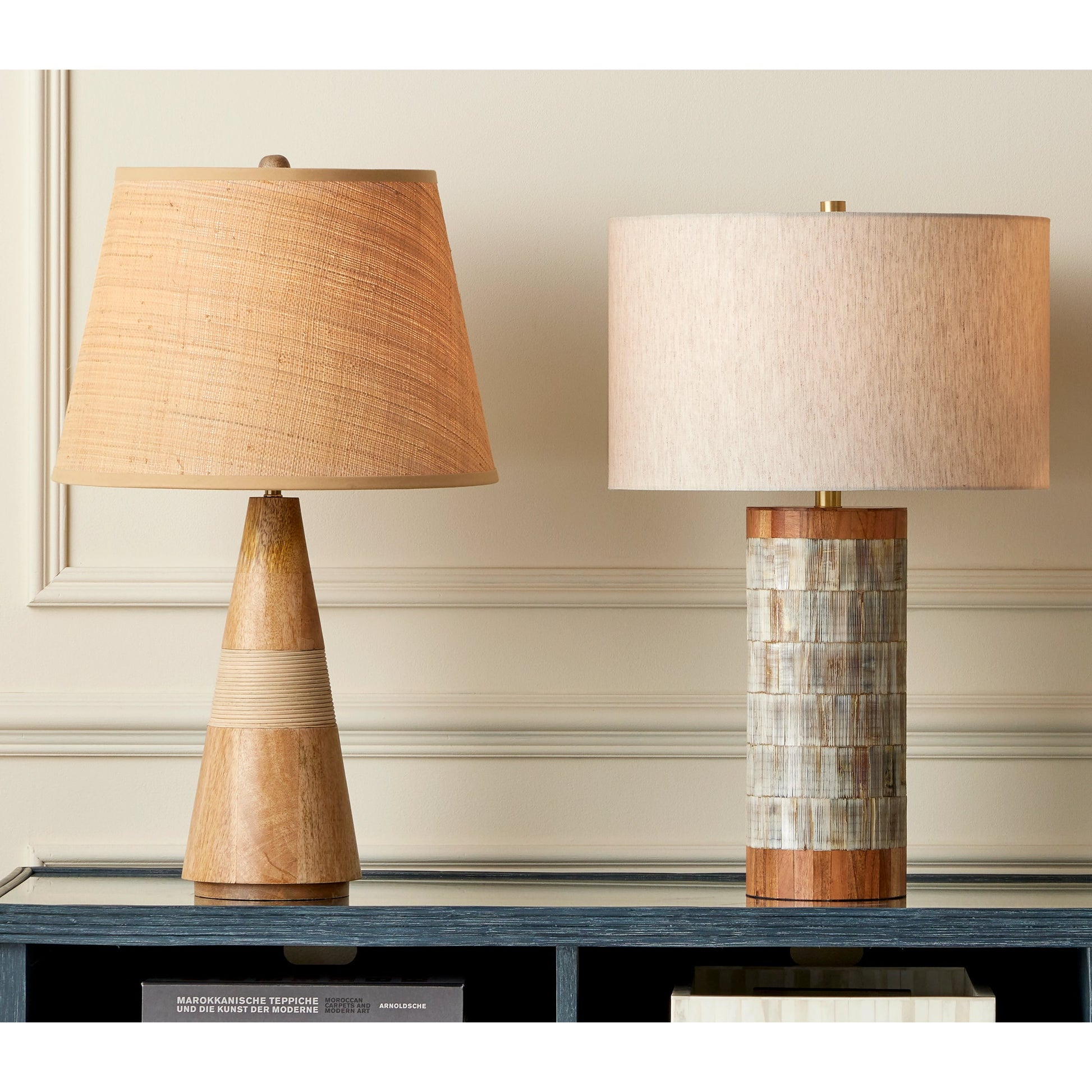 Hyson Table Lamp by Currey and Company in natural, brass. Made from wood, horn, composite, engineered hardwood, metal in a modern style.
