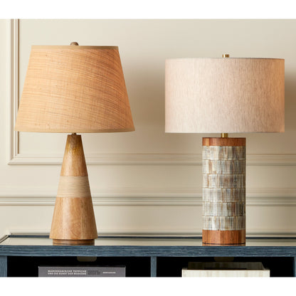 Hyson Table Lamp by Currey and Company in natural, brass. Made from wood, horn, composite, engineered hardwood, metal in a modern style.