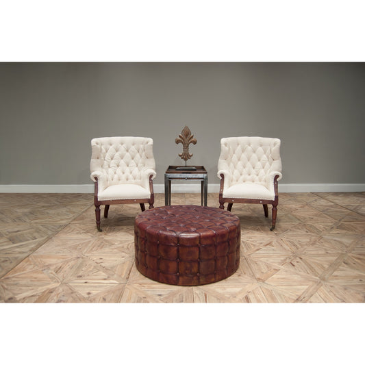 Tufted Ottoman by Sarreid Ltd. in brown and full grain goat leather. Made from wood, leather in a traditional style.