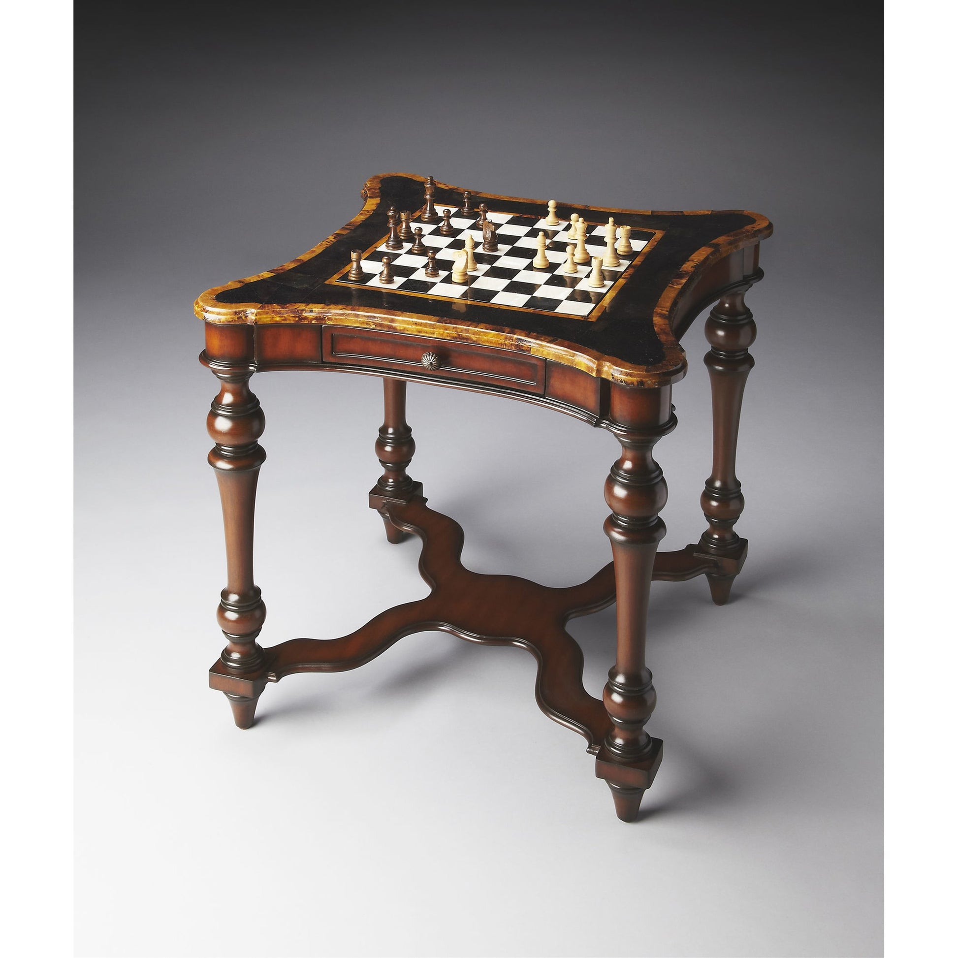 Enrique Game Table by Butler Specialty Company in assorted and heritage. Made from wood solids, wood products, wood veneers, pen shell inlays in a traditional style.