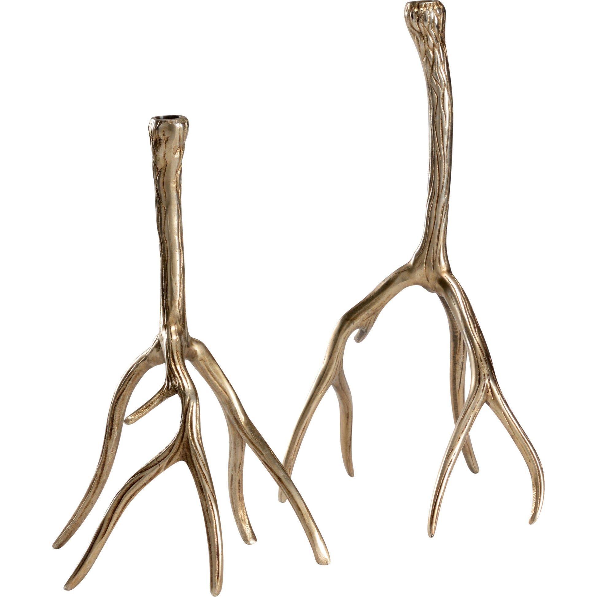 Antler Hall Candlesticks by Wildwood in antique brass. Made from cast aluminum in a modern style.