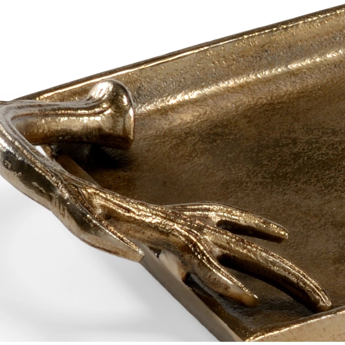 002 SR-385225 | Closeup | Diana Rectangular Tray by Wildwood in antique brass. Made from cast aluminum in a modern style.