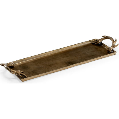 Diana Rectangular Tray by Wildwood in antique brass. Made from cast aluminum in a modern style.