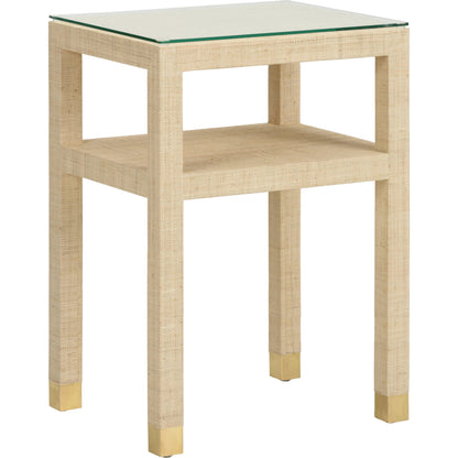 Socialite End Table by Wildwood in natural, clear. Made from plywood/saguran/glass in a modern style.
