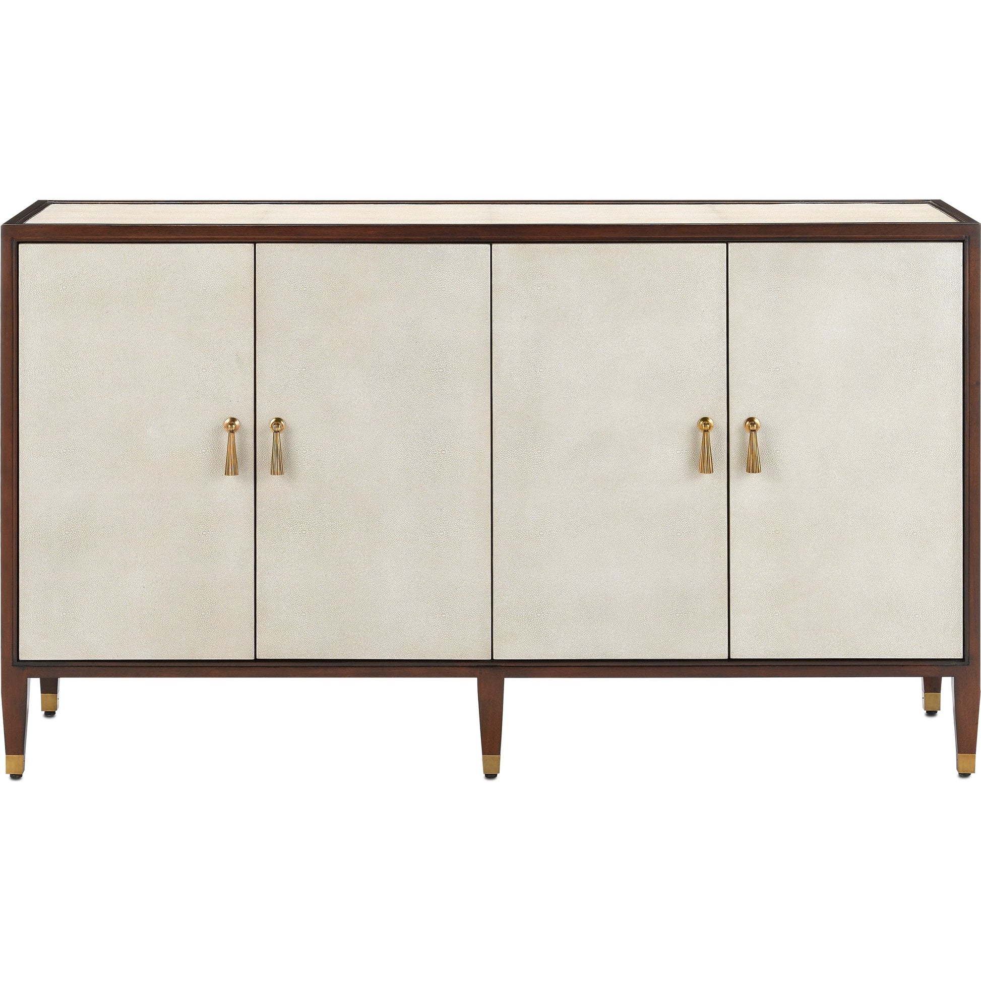 Evie Credenza by Currey and Company in ivory, dark walnut, brass. Made from faux shagreen, mahogany, cast brass in a transitional style.