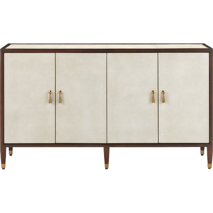 Evie Credenza by Currey and Company in ivory, dark walnut, brass. Made from faux shagreen, mahogany, cast brass in a transitional style.