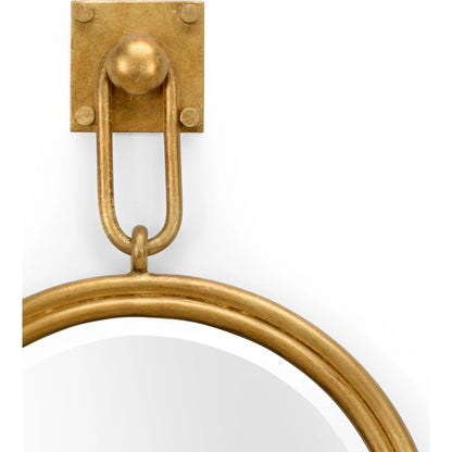 Lucia Round Mirror by Wildwood in antique gold leaf, clear, beveled. Made from iron in a transitional style.