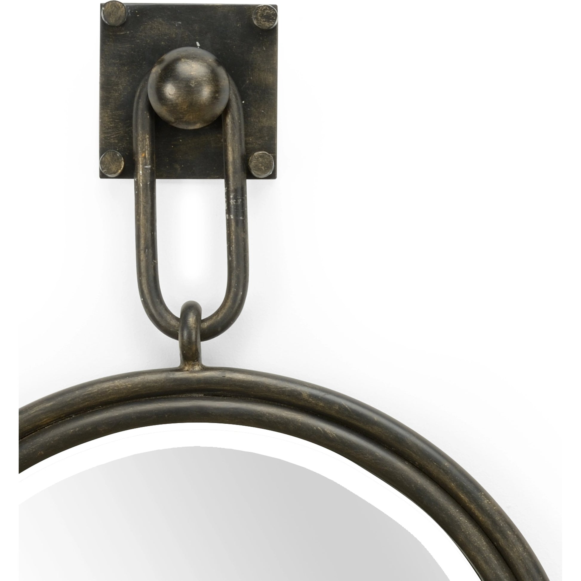 Lucia Round Mirror by Wildwood in antique gold leaf, clear, beveled. Made from iron in a transitional style.