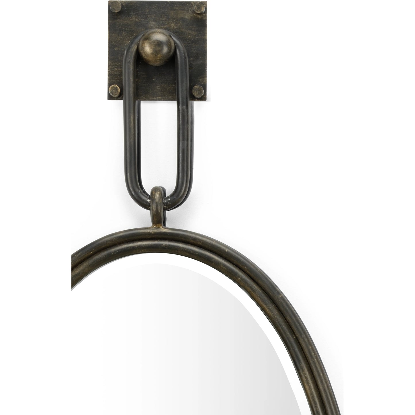 002 SR-384590 | Closeup | Tobago Oval Bronze Wall Mirror by Wildwood in bronze, beveled, clear. Made from iron, mirror in a transitional style.