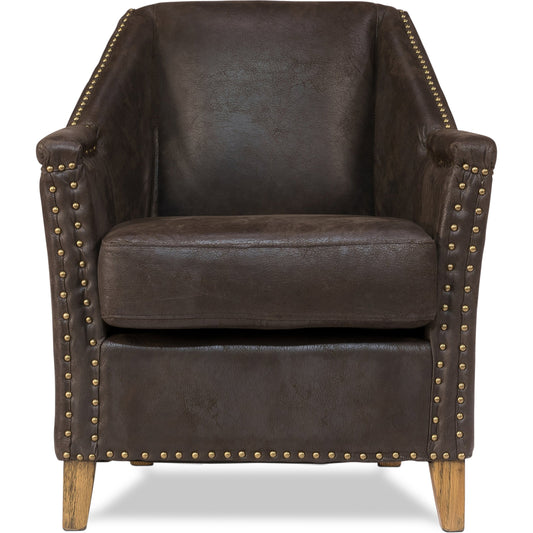 Granville Leather Chair by Sarreid Ltd. in brown and antiqued pigskin leather. Made from oak, leather in a traditional style.
