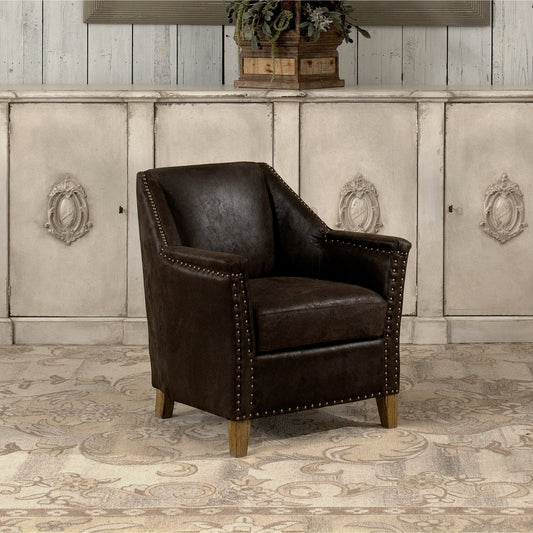 Granville Leather Chair by Sarreid Ltd. in brown and antiqued pigskin leather. Made from oak, leather in a traditional style.