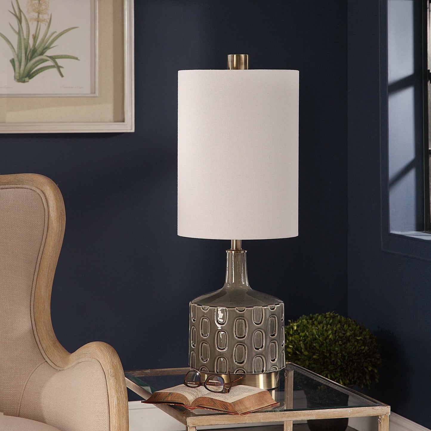 002 S-343791 | Lifestyle | Darrin Table Lamp by Uttermost in gray. Made from ceramic, metal, fabric in a modern style.