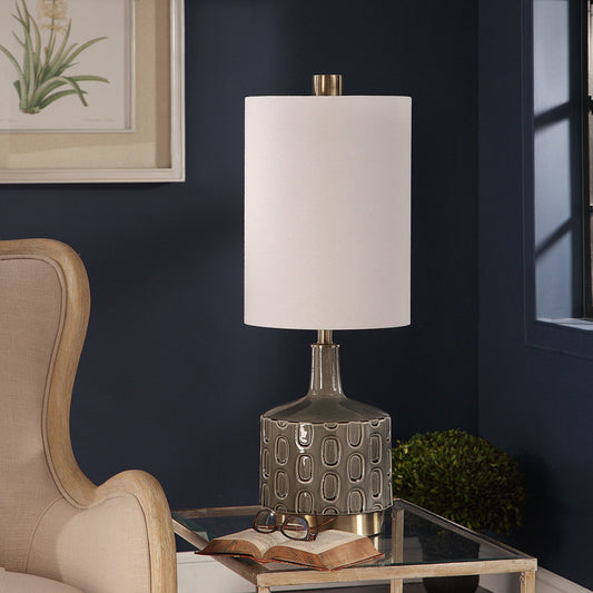 Darrin Table Lamp by Uttermost in gray. Made from ceramic, metal, fabric in a modern style.