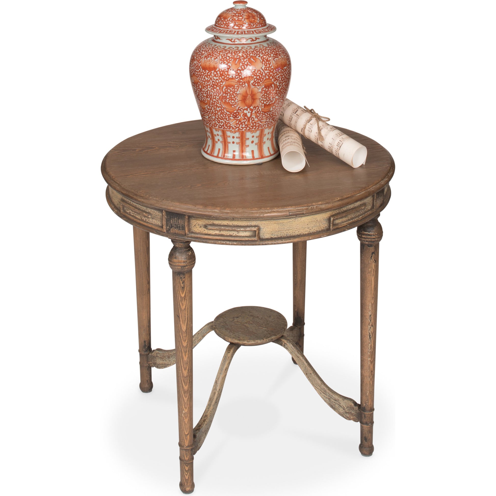 French Tea Table by Sarreid Ltd. in brown and warm brown pine finish. Made from pine in a traditional style.