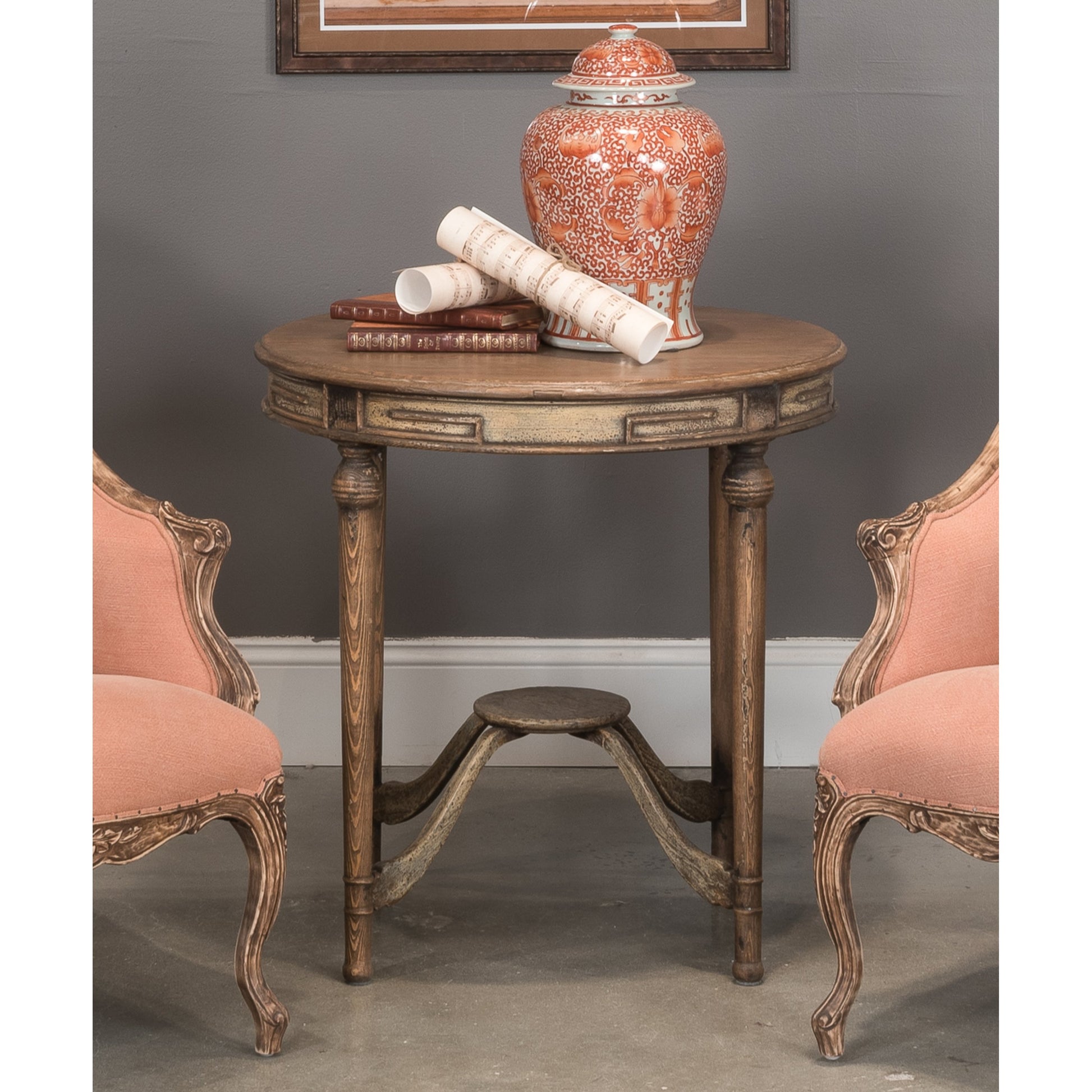 French Tea Table by Sarreid Ltd. in brown and warm brown pine finish. Made from pine in a traditional style.