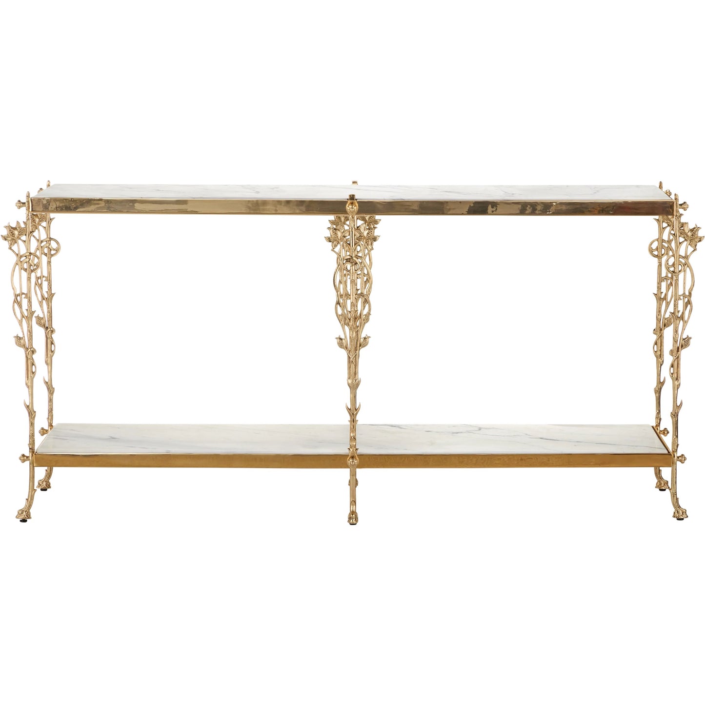 002 SI-2257296 | Additional Silo | Fiore Console Table by Currey and Company in polished brass, natural. Made from brass, white marble in a modern style.