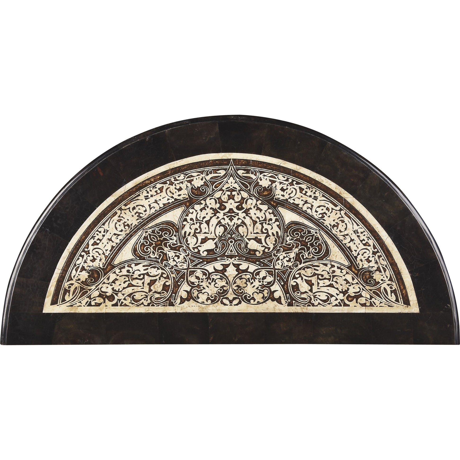 Fabiola Demilune Console Table by Butler Specialty Company in multi-color and metalworks. Made from wood solids, wood products, wood veneers, metal, fossil stone, penn shell in a traditional style.