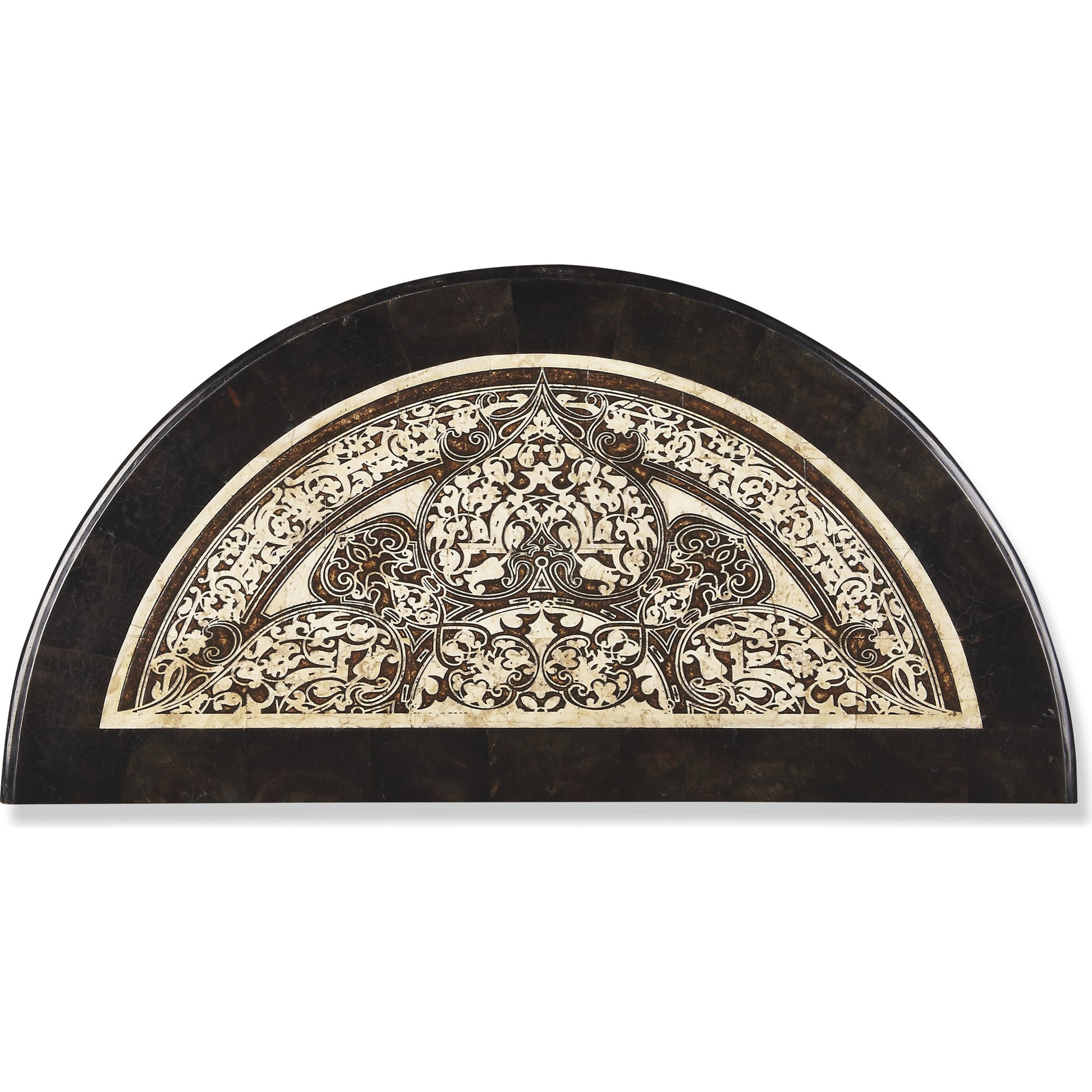 Fabiola Demilune Console Table by Butler Specialty Company in multi-color and metalworks. Made from wood solids, wood products, wood veneers, metal, fossil stone, penn shell in a traditional style.