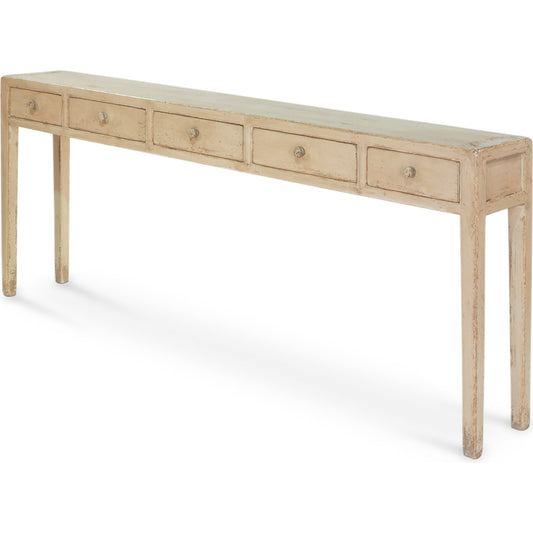Jeweler's Console Table by Sarreid Ltd. in ivory and 5 drawers hand painted. Made from pine in a cottage & farmhouse style.