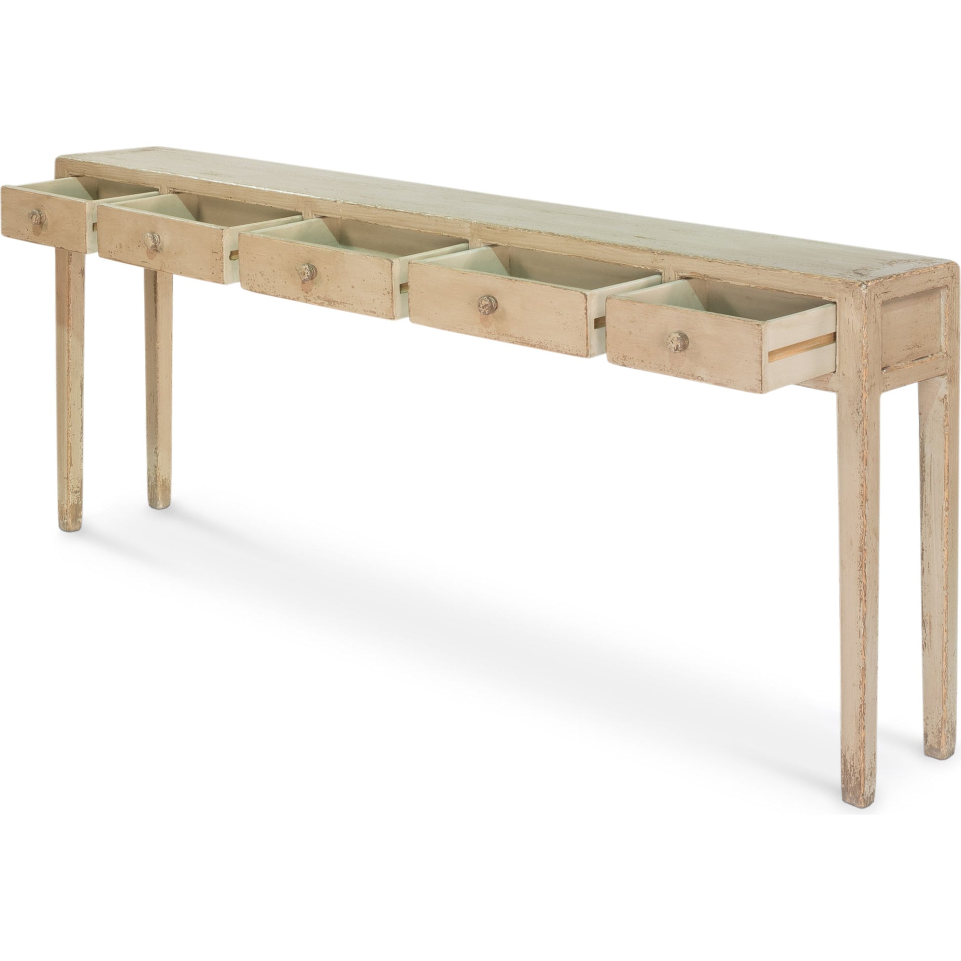 Jeweler's Console Table by Sarreid Ltd. in ivory and 5 drawers hand painted. Made from pine in a cottage & farmhouse style.