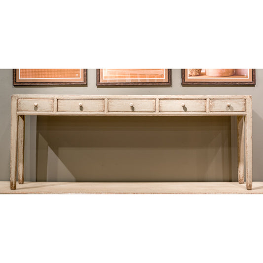 Jeweler's Console Table by Sarreid Ltd. in ivory and 5 drawers hand painted. Made from pine in a cottage & farmhouse style.