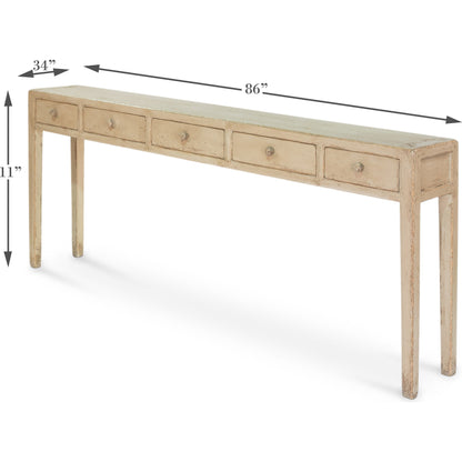 Jeweler's Console Table by Sarreid Ltd. in ivory and 5 drawers hand painted. Made from pine in a cottage & farmhouse style.