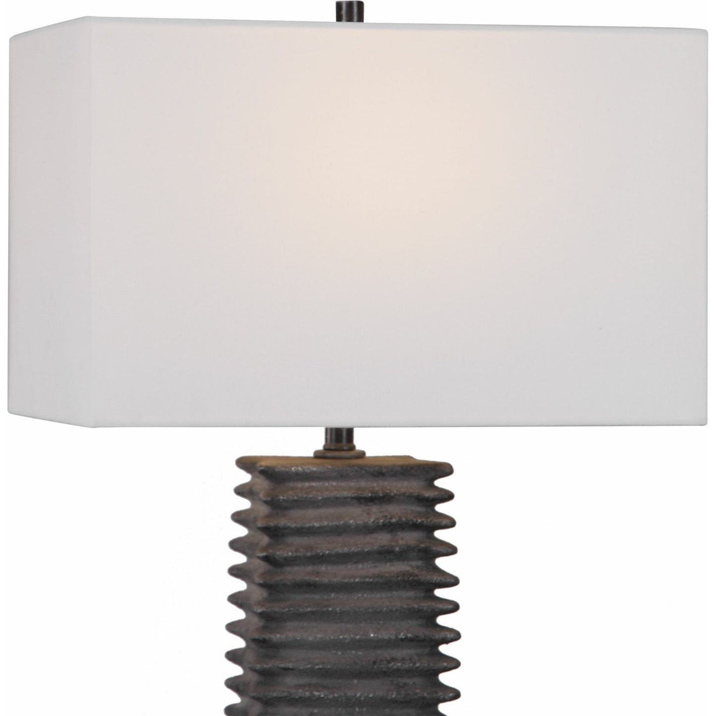 002 SR-766817 | Closeup | Sanderson Table Lamp by Uttermost in charcoal. Made from ceramic, steel, fabric in a rustic style.