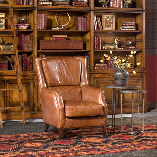 Baker Arm Chair by Sarreid Ltd. in brown. Made from wood, leather in a modern style.