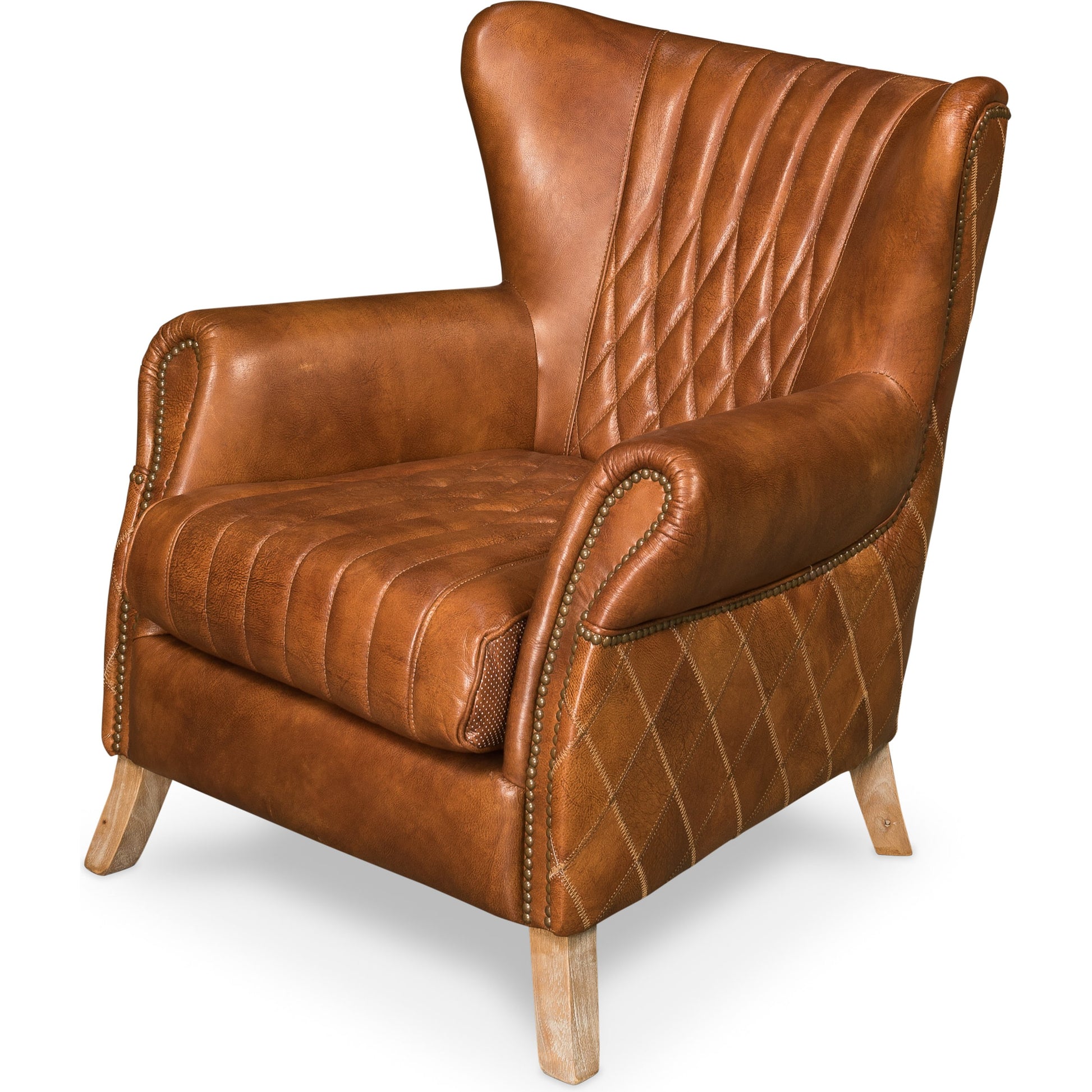 Bugatti Arm Chair by Sarreid Ltd. in brown and brown leather. Made from wood, leather in a modern style.