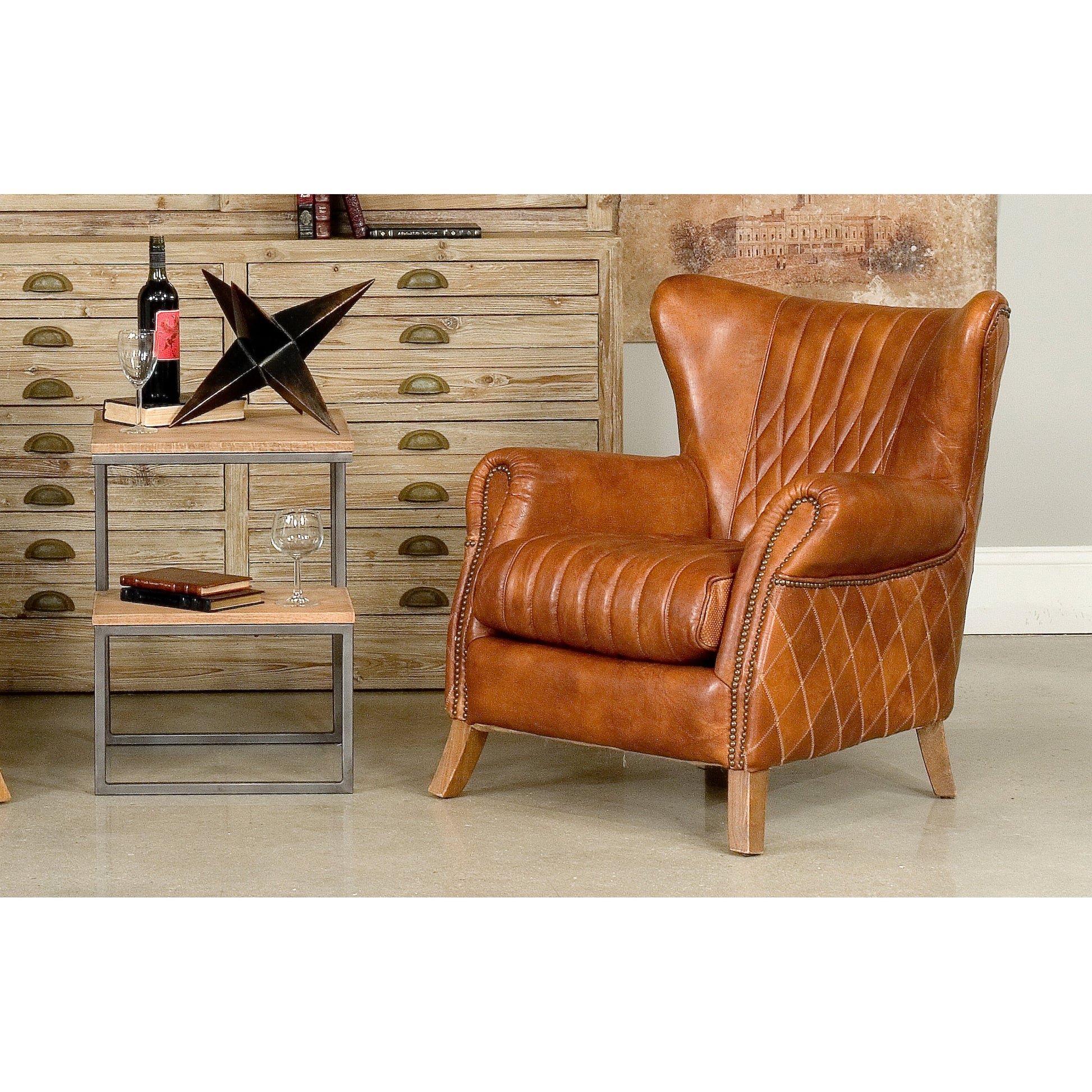 Bugatti Arm Chair by Sarreid Ltd. in brown and brown leather. Made from wood, leather in a modern style.