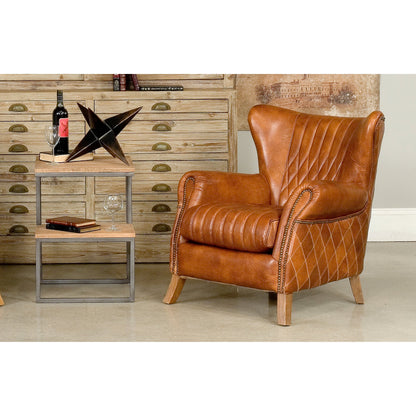 Bugatti Arm Chair by Sarreid Ltd. in brown and brown leather. Made from wood, leather in a modern style.