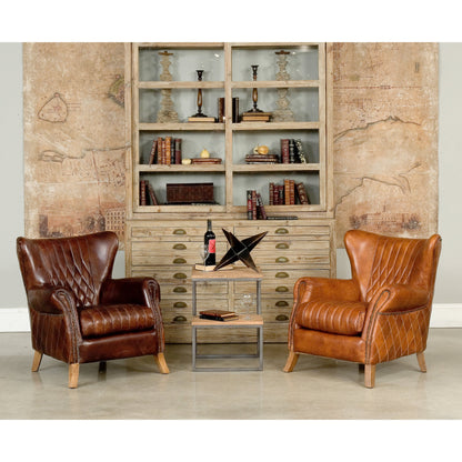 Bugatti Arm Chair by Sarreid Ltd. in brown and brown leather. Made from wood, leather in a modern style.