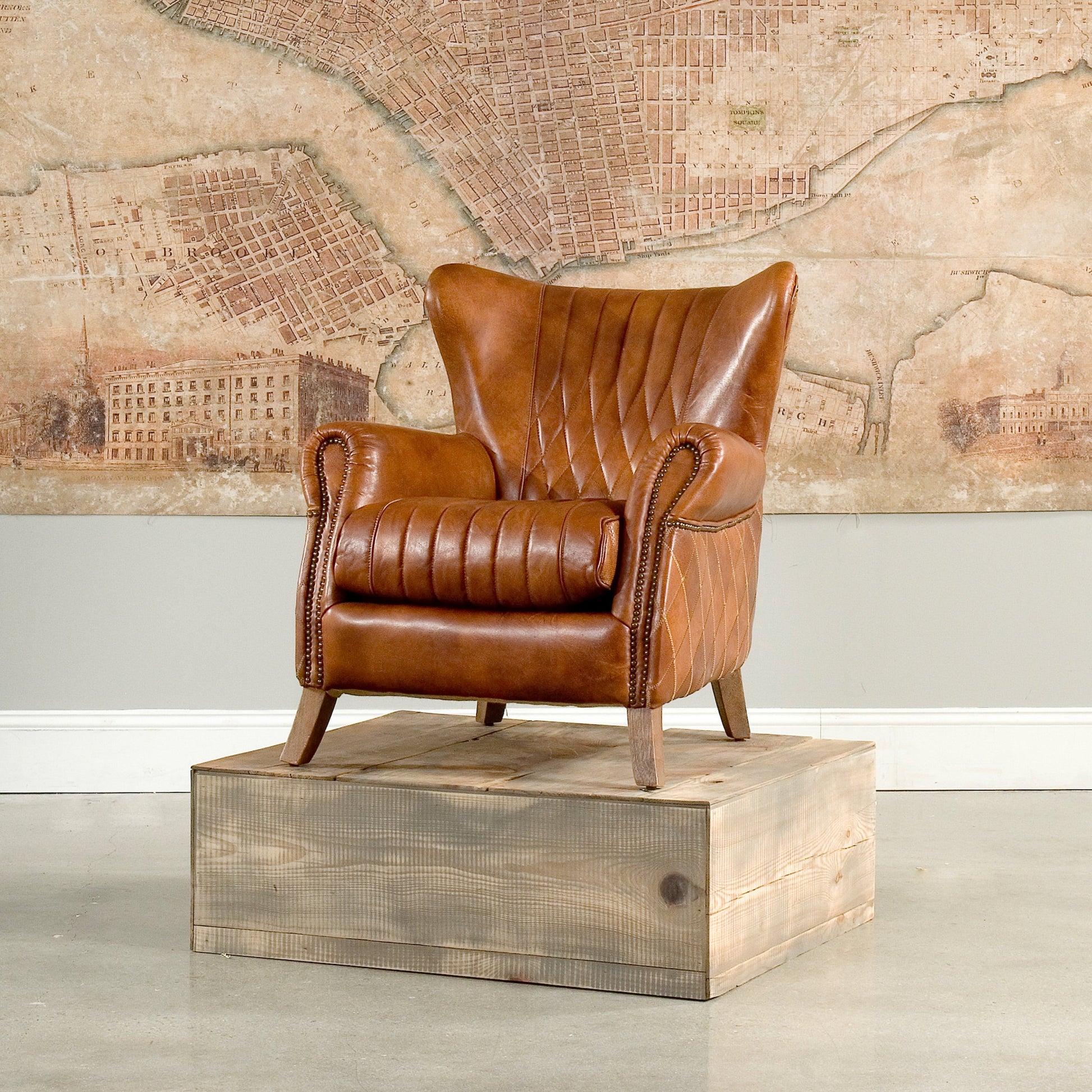 Bugatti Arm Chair by Sarreid Ltd. in brown and brown leather. Made from wood, leather in a modern style.