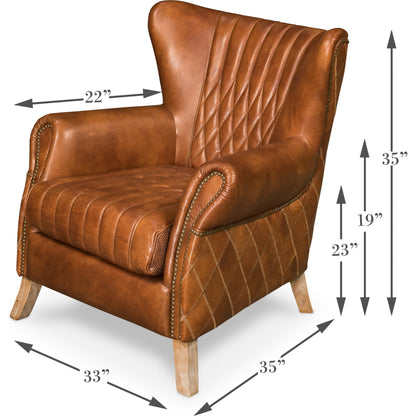 Bugatti Arm Chair by Sarreid Ltd. in brown and brown leather. Made from wood, leather in a modern style.