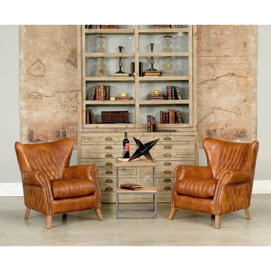 Disel Single Chair by Sarreid Ltd. in brown and columbia brown leather. Made from wood, leather in a modern style.