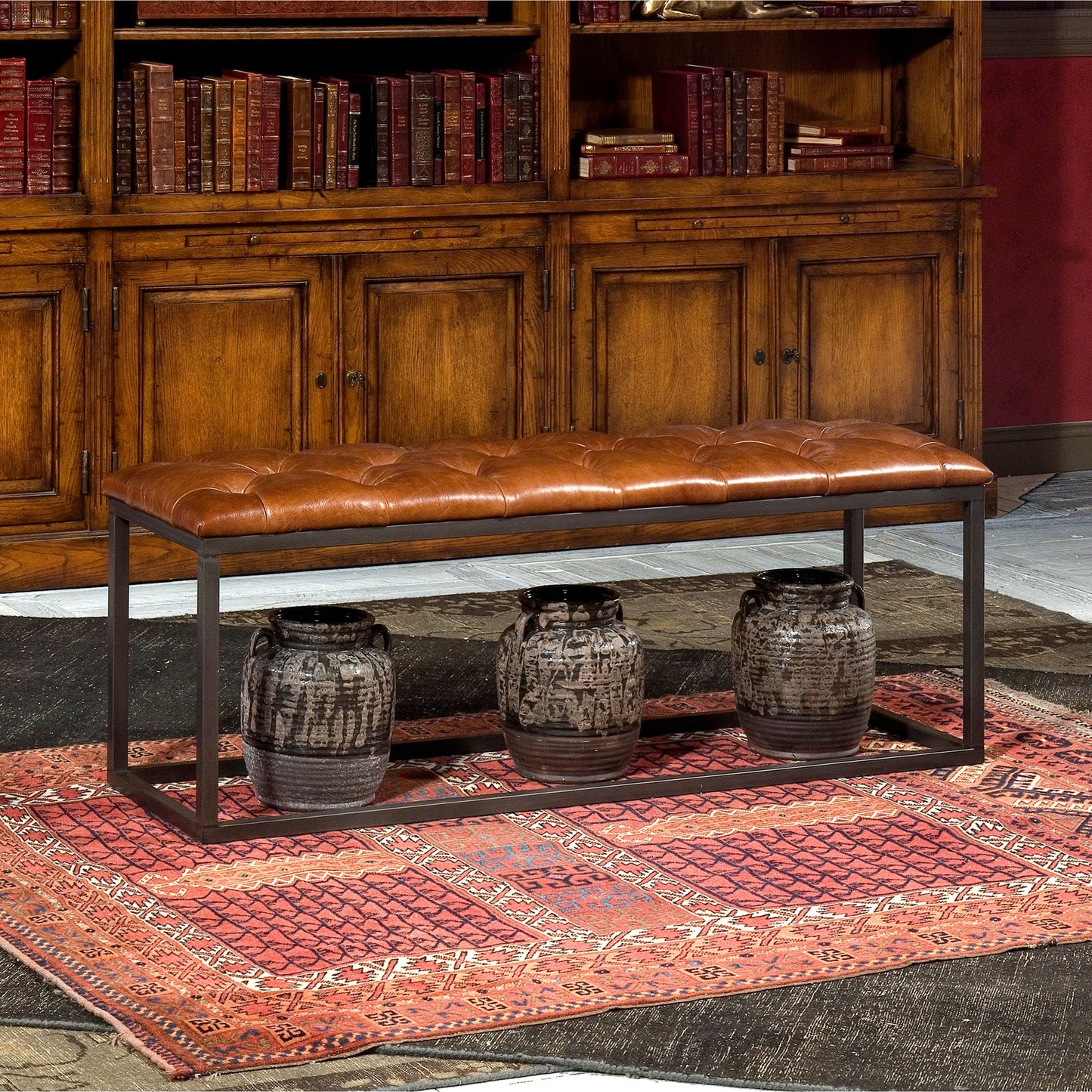 005 O-SARRIED-LTD-29785 | Lifestyle | Cologne Stool by Sarreid Ltd. in brown and cuba brown leather. Made from leather, metal in a modern style.