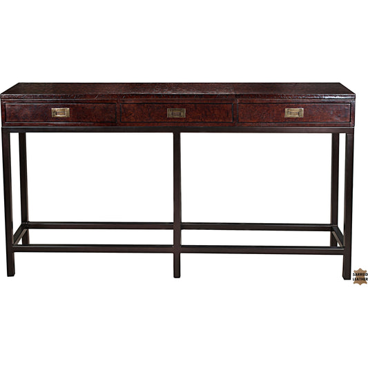 Campaign Embossed Console by Sarreid Ltd. in brown and dark brown leather. Made from wood, leather, iron in a modern style.