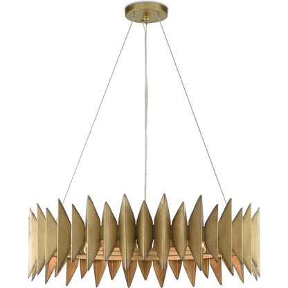 Potter Chandelier by Currey and Company in aurora antique. Made from wrought iron in a modern style.