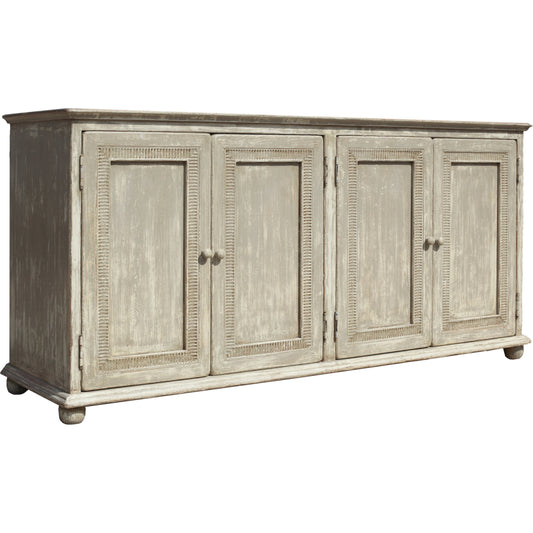 Pie Crust Cabinet by Sarreid Ltd. in grey and 4 doors 2 removable shelves. Made from pine in a cottage & farmhouse style.