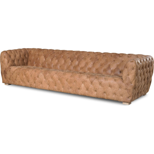 Long Stanley Sofa, Tan by Sarreid Ltd. in brown and lt tan vintage pigskin leather. Made from wood, leather in a modern style.