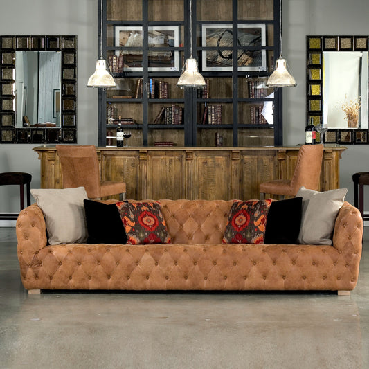 Long Stanley Sofa, Tan by Sarreid Ltd. in brown and lt tan vintage pigskin leather. Made from wood, leather in a modern style.