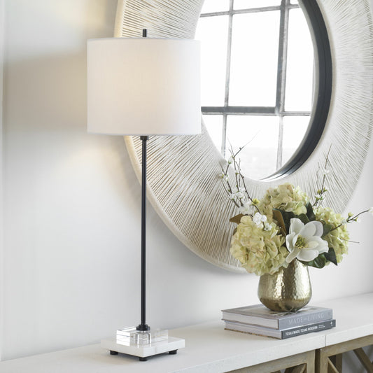 Ciara Buffet Lamp by Uttermost in satin black. Made from metal, marble, fabric, crystal in a transitional style.