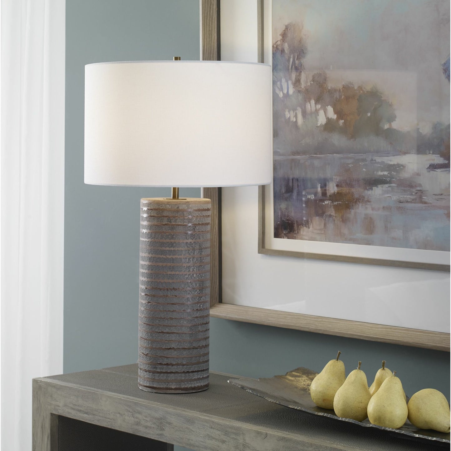 001 SI-1789785 | Lifestyle | Monolith Table Lamp by Uttermost in pewter gray, antique brass. Made from ceramic, iron, fabric in a transitional style.