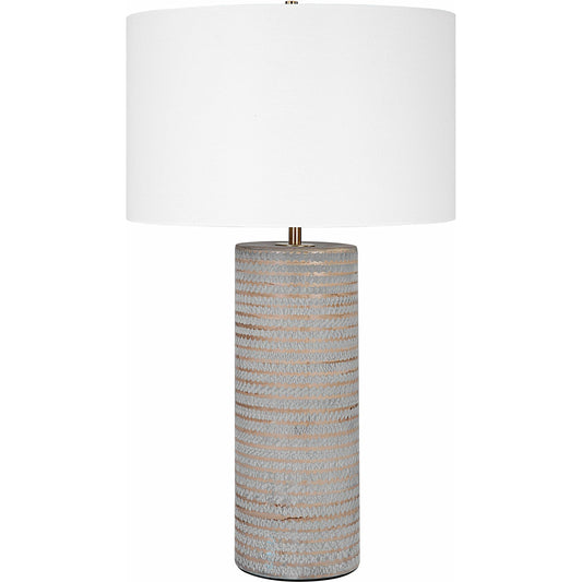 Monolith Table Lamp by Uttermost in pewter gray, antique brass. Made from ceramic, iron, fabric in a transitional style.