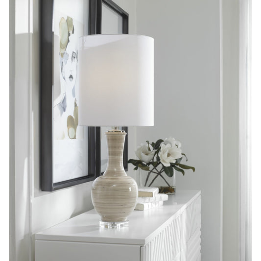 Chalice Table Lamp by Uttermost in tuape. Made from ceramic70% crystal10% iron 10% fab10% in a traditional style.