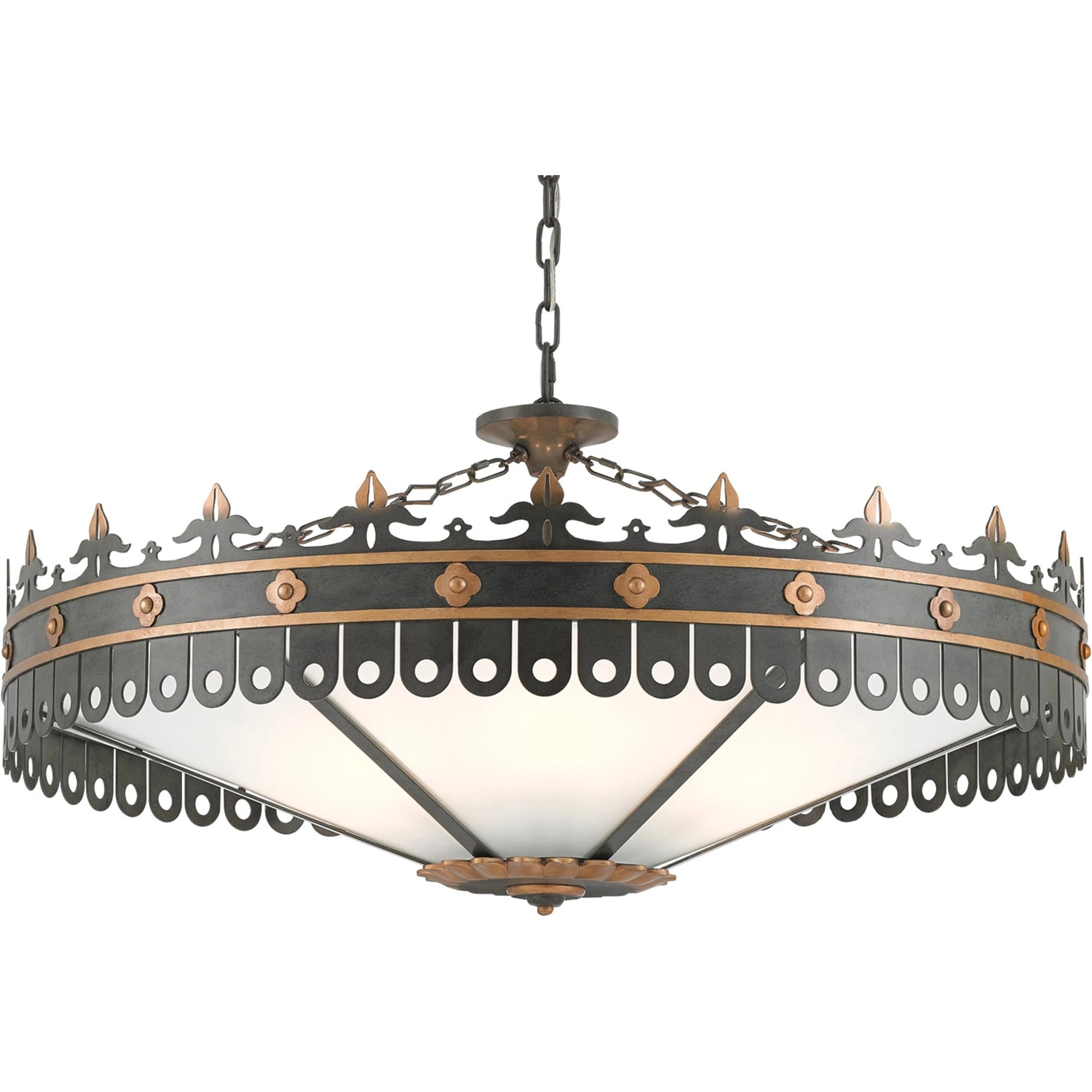 Berkeley Chandelier by Currey and Company in antique gold, moss gray. Made from wrought iron, acrylic in a traditional style.