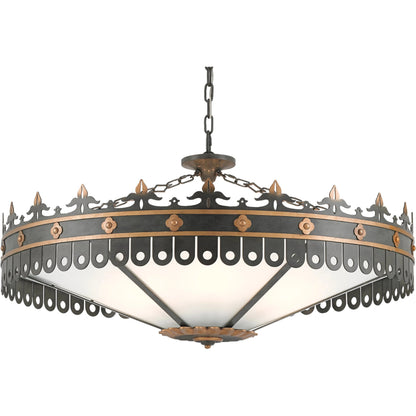 Berkeley Chandelier by Currey and Company in antique gold, moss gray. Made from wrought iron, acrylic in a traditional style.