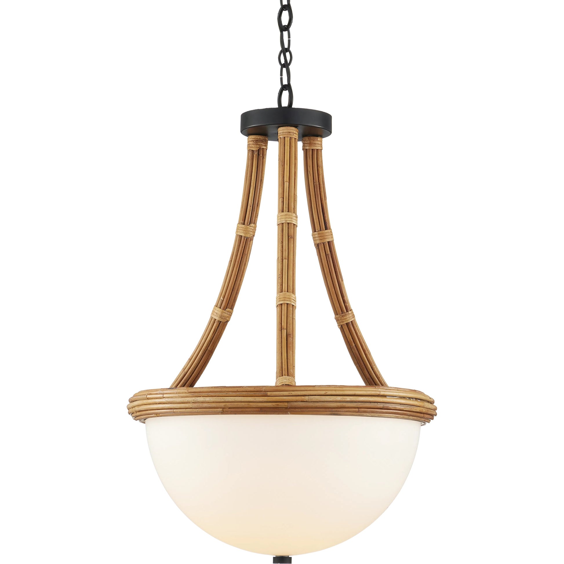 Morningside Semi-Flush Mount by Currey and Company in natural, frosted white, satin black. Made from rattan, glass, wrought iron in a cottage & farmhouse style.